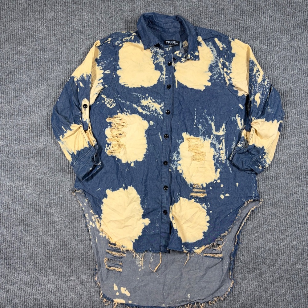 Thrill Jeans Shirt Womens 1X Distressed Bleached Denim High Low Button Down Blue